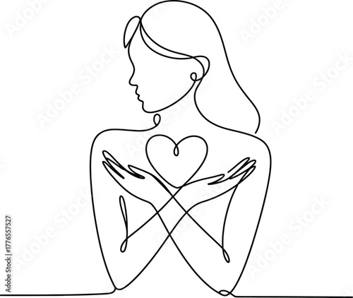 Woman in profile hugging herself with heart self love