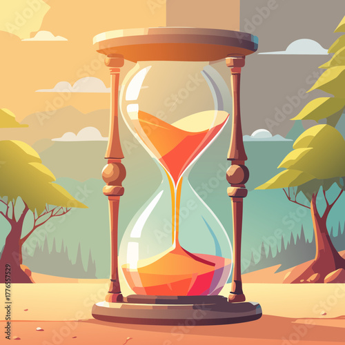 Hourglass Vector Illustration with Scenic Landscape and Flowing Sand