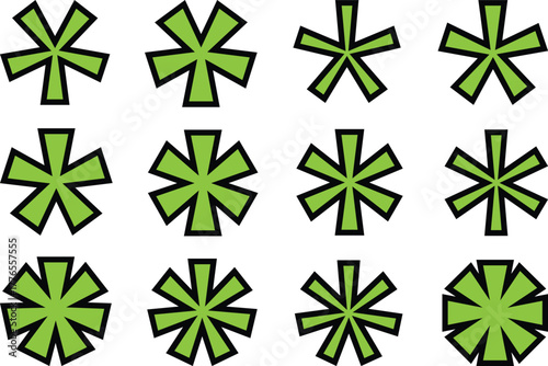 Vector collection of twelve bright green asterisk symbols with black outlines arranged in a grid pattern