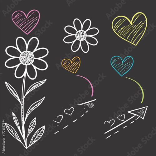 Colorful chalk drawings of flowers and hearts on a black background