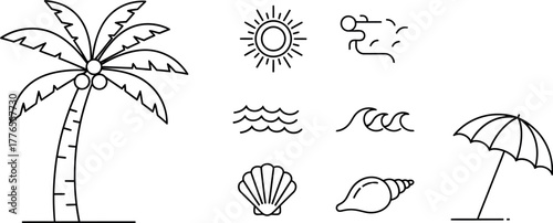 Palm Tree, Sun, Waves, Wind, Seashells, and Umbrella – Minimalist Tropical Vacation and Holiday Symbols.