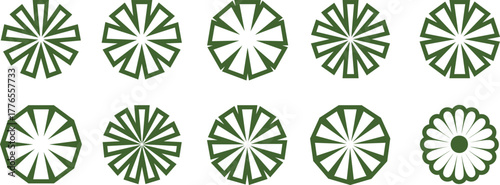 Vector collection of ten stylized oval green floral and starburst geometric patterns on white background