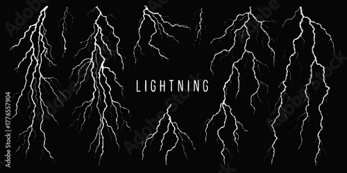 Collection of stylized white lightning bolt illustrations on a black background with the word lightning in the center