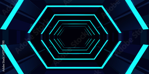 Futuristic hexagonal tunnel with glowing cyan neon lights and dark blue walls