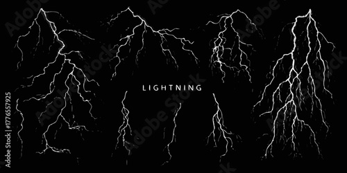 Collection of stylized white lightning bolts on a black background with the word lightning in the center