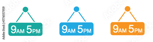 Open for business from 9AM to 5PM - vibrant and modern signage for shops, restaurants, and services, announcing business hours and welcoming customers, available in multiple colors