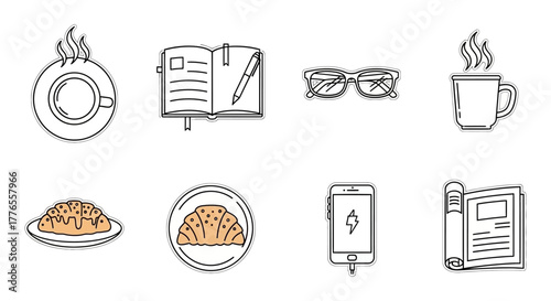 Coffee and croissant morning routine open book glasses phone charging and newspaper perfect for blog header illustrating relaxation and education.