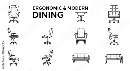 ergonomic chair furniture modern seating designs office chairs and sofas in a minimalist illustration style for interior design and workspace comfort.