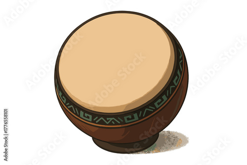 Traditional round wooden drum featuring a light beige skin surface and decorative tribal band