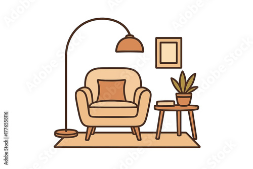 Cozy living room corner with comfortable armchair floor lamp and potted plant