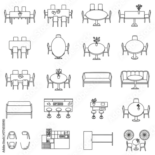 furniture layout plan with tables chairs sofas and bar illustrating interior design possibilities for a cafe or restaurant setting.