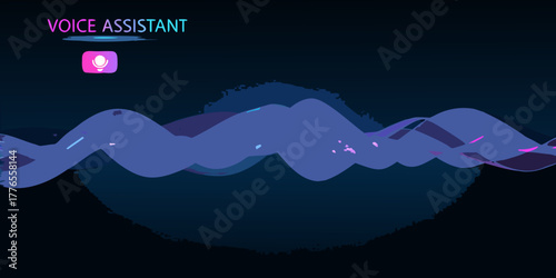 Abstract sound wave visualization with voice assistant icon and text on dark background