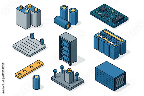 Isometric electronic components set including battery cells, circuit board, power storage units, and cooling elements