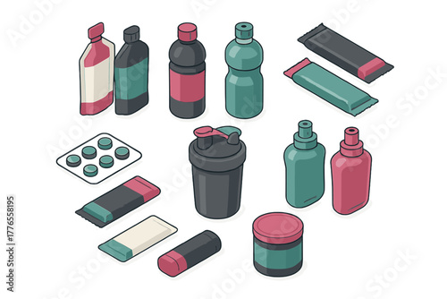 Isometric collection of fitness supplements, protein bars, energy drinks, and shaker cup containers