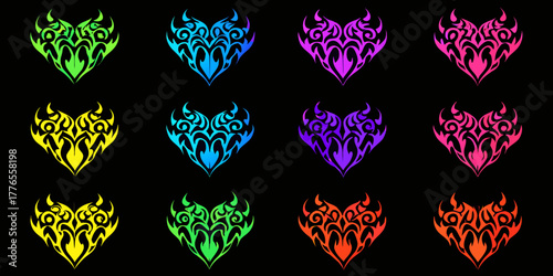 Collection of twelve vibrant tribal heart designs in various neon colors on a black background