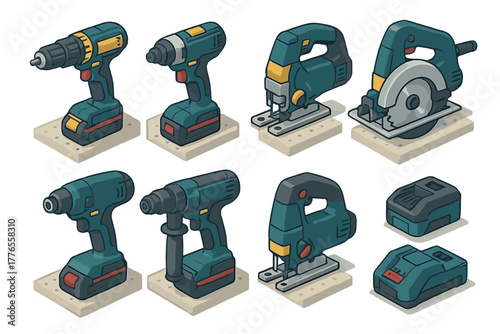 Collection of handheld electric construction power tools and rechargeable battery packs