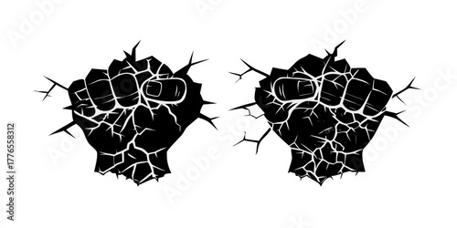 Two white fists breaking through a black surface with cracks and sharp edges