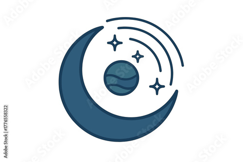 Dark blue crescent moon and planet icon with sparkling stars and orbital lines