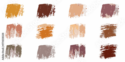Collection of twelve abstract textured brush stroke swatches in earthy and muted tones