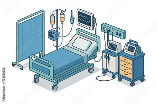 Isometric hospital bed in intensive care unit with medical monitoring equipment and IV drips
