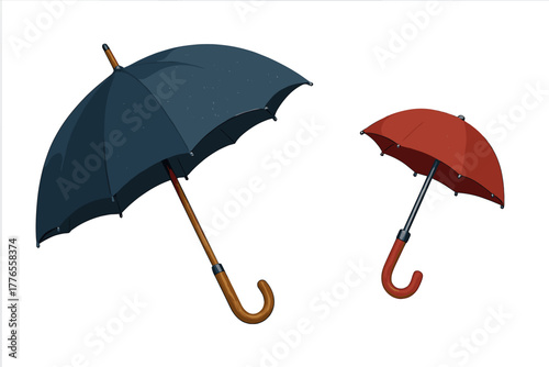 Open pair of contrasting rain umbrellas featuring dark blue and bright red canopies