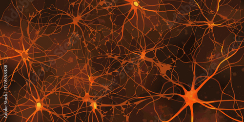 Abstract illustration of glowing orange neurons and neural network connections on a dark background