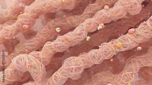 Microscopic view of collagen fibers, essential proteins for connective tissues, showing their intricate structure and associated molecules.