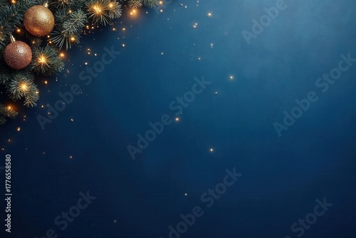 Festive Christmas background with golden ornaments and glowing lights on a dark blue surface. Holiday corner frame with copy space for text