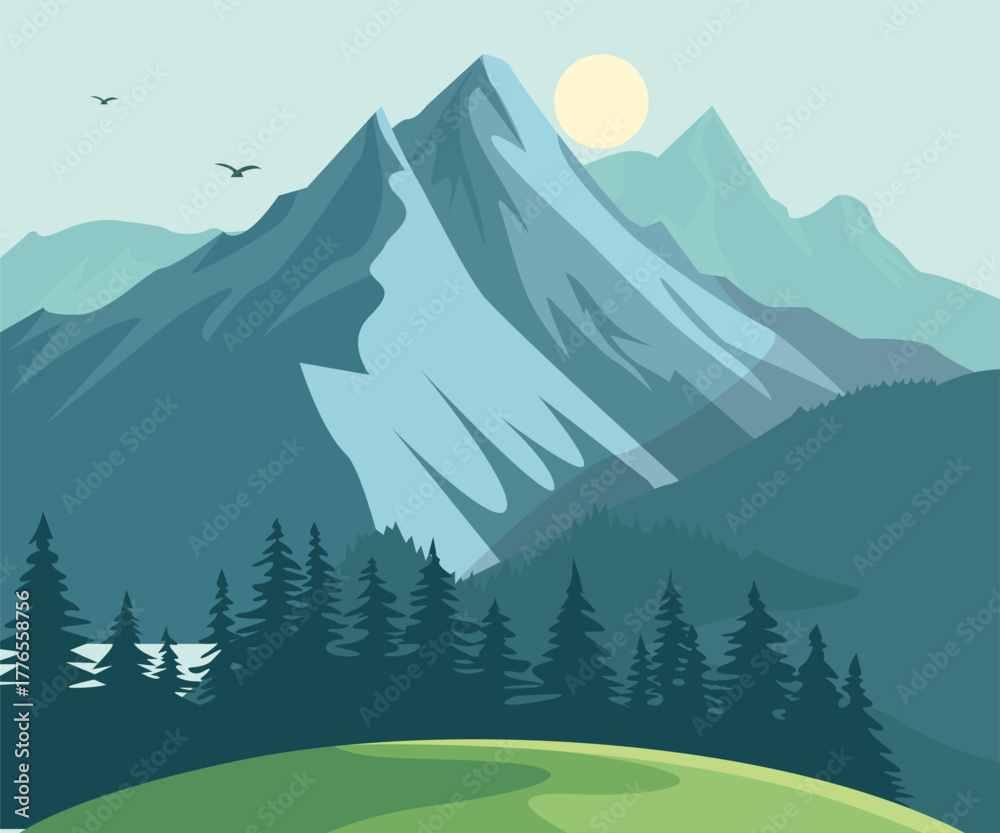 Fototapeta premium Mountain landscape with trees vector illustration