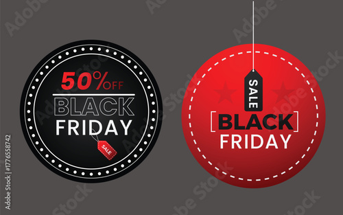 Black Friday Sale Badges: Featuring circular badges with Black Friday text and a sale tag, offering 50% off, ideal for promotional material.
