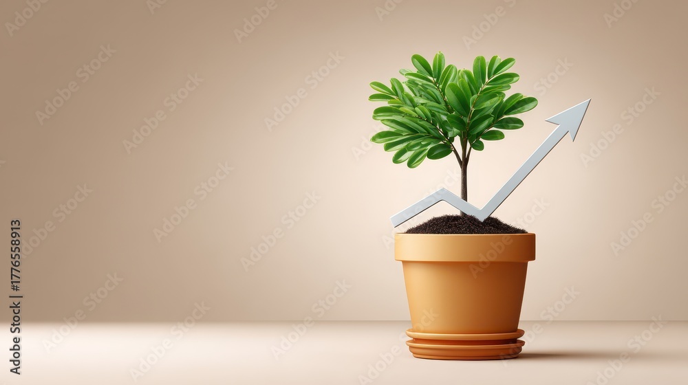 Fototapeta premium A potted plant symbolizes growth and prosperity, with an upward arrow indicating increasing success and development in a minimalist setting.
