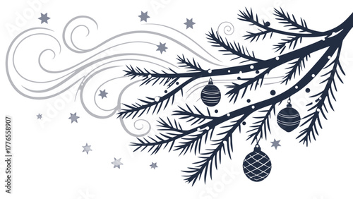Pine Branch with Christmas Ornaments and Snow Swirls Vector, Illustration of a pine branch adorned with Christmas ornaments, surrounded by swirling snow and stars, in a monochrome palette