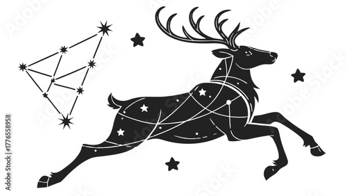 Celestial Deer with Star Constellations Silhouette Vector, Stylized silhouette illustration of a leaping deer adorned with star constellations, set against a background of stars