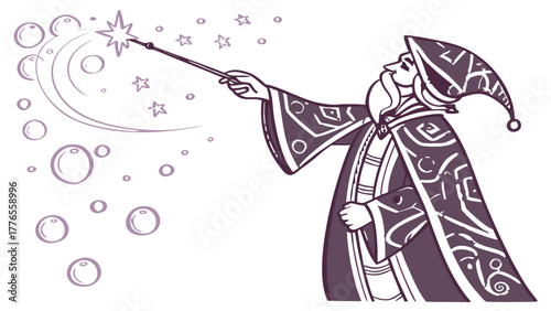 Wizard Casting Magic Spell with Wand Vector Silhouette,  Illustration of a bearded wizard casting a spell with a glowing wand, surrounded by stars and bubbles