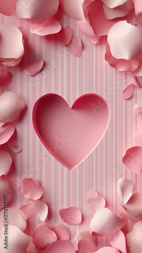 Heart Shaped Cutout Surrounded by Pink and White Rose Petals on a Striped Background