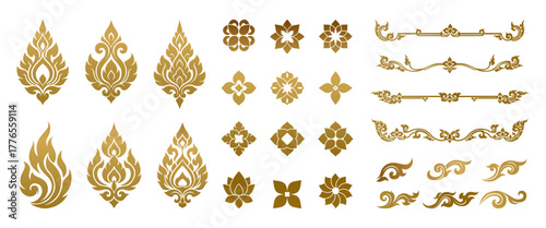 Thai decorative graphic elements collection featuring golden lotus, flame motifs, Kanok patterns, and floral vector ornaments for traditional design and cultural branding