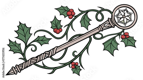 Magical Staff with Holly and Berries Vector,  Illustration of a magical staff adorned with holly leaves and red berries, evoking a festive and enchanted theme