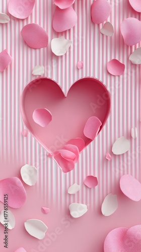 Heart Shaped Cutout Surrounded by Pink and White Rose Petals on a Striped Background