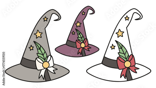 Set of Festive Witch Hats Vector Illustration, three colorful witch hats, each decorated with stars, ribbons, and feathers, suggesting a festive or magical theme