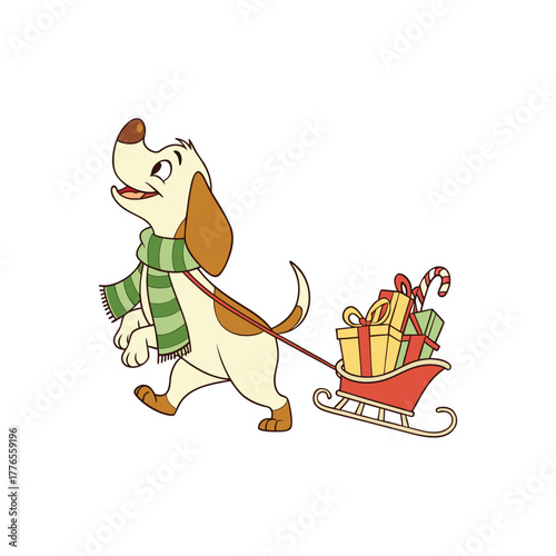 Cute cartoon dog wearing a scarf pulling a sleigh full of christmas gifts
