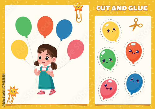 vector cut and glue activity crafting game with colorful balloons  fun printable worksheet