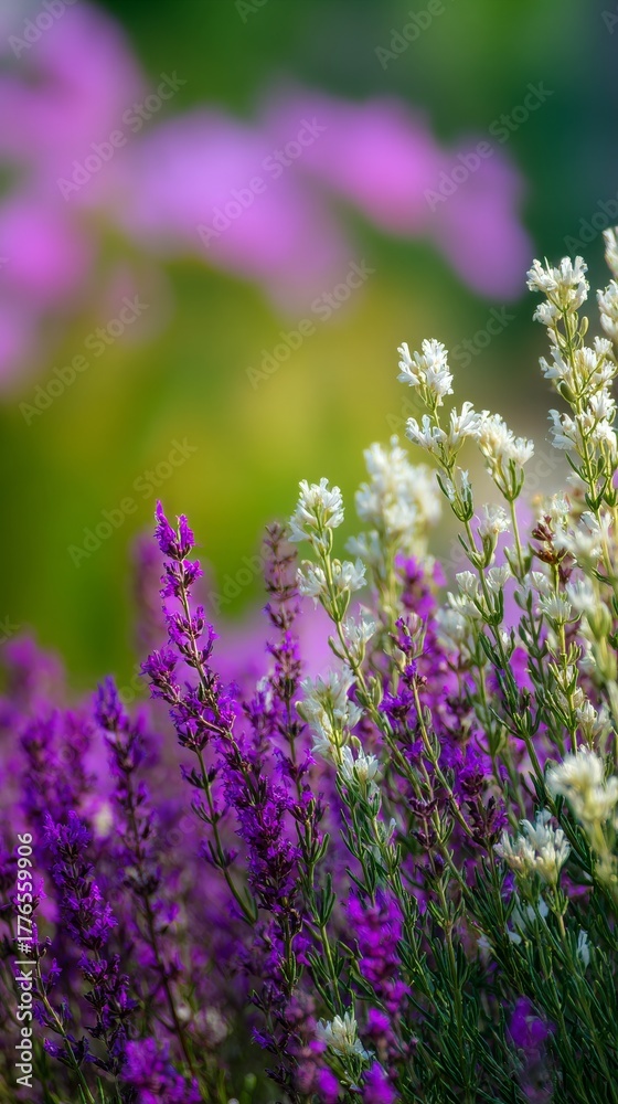 Naklejka premium Vibrant Purple Flowers Blooming in a Sunny Garden During Springtime