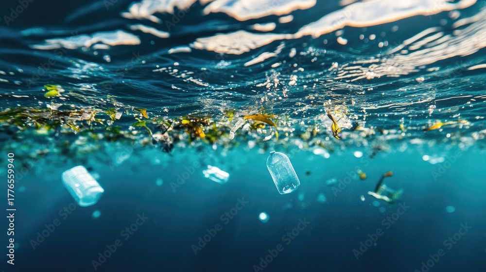 Fototapeta premium Microplastics and small pieces of plastic floating near the surface of clear blue sea, emphasizing environmental harm and contamination.