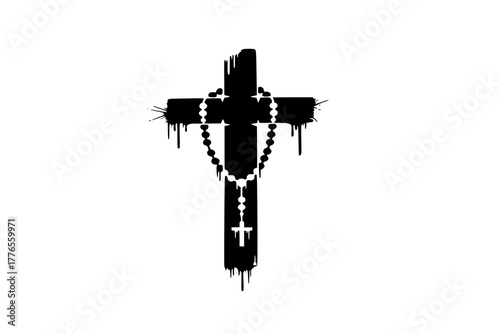 Transparent PNG available
silhouette vector of cross with rosary in graffiti stencil with simple paint dripping isolated on white background svg png