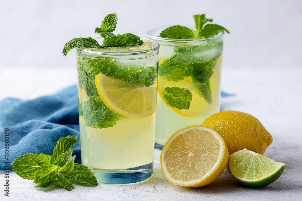 Fototapeta premium Refreshing Lemon Mint Drinks Enhance Summer Gatherings in Bright, Inviting Setting