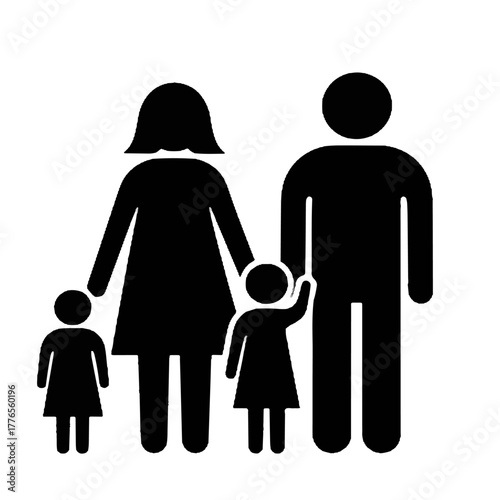 Family Icon Pictogram Symbol Black Silhouette of Parents and Two Daughters Vector Illustration Isolated on White