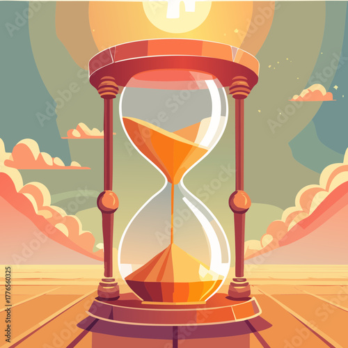 Hourglass Vector Illustration with Scenic Landscape and Flowing Sand