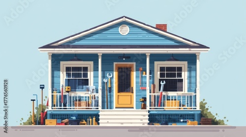 Charming Blue House with Tools - A Home Improvement Scene.