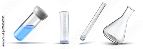 Vector illustration set of laboratory glassware featuring a capped vial with blue liquid, graduated cylinder, marked test tube and Erlenmeyer flask, isolated on white for science and chemistry design