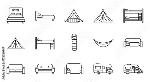 Accommodation options icons Various lodging options and places for staying during travels from camping and hotels to rentals and roadside rest stops